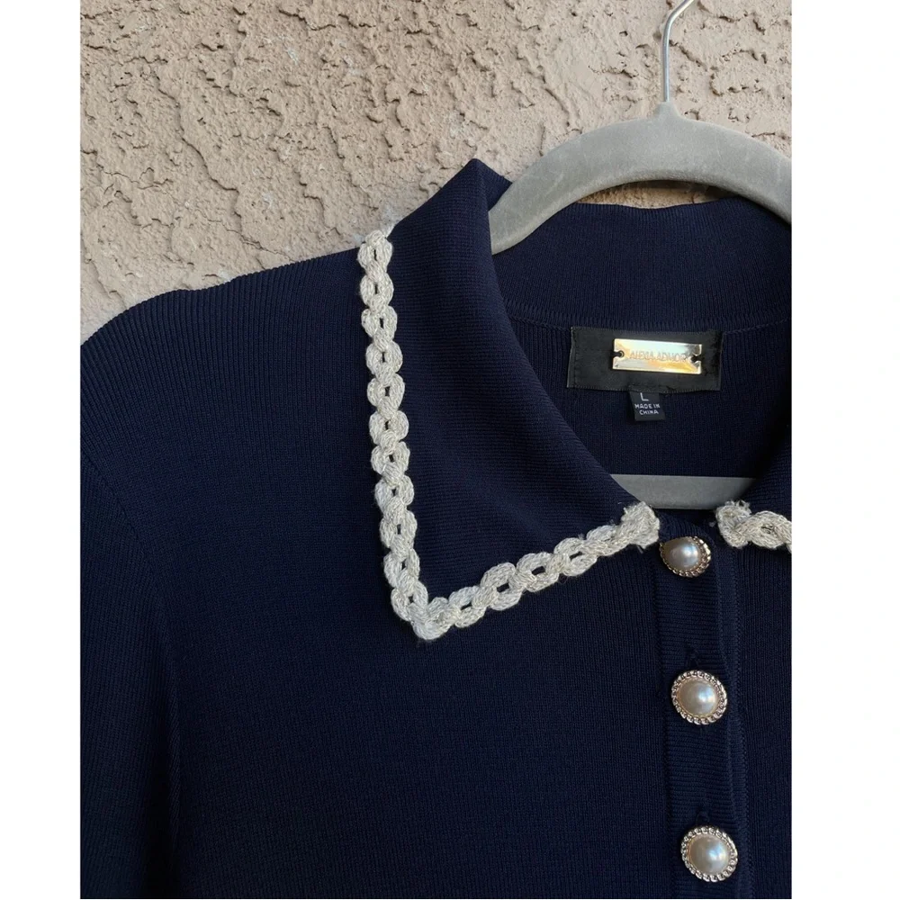 ALEXIA ADMOR Navy Knit Piper Dress w/ Pearl Buttons Embroidered Collar & Pockets - Picture 8 of 13